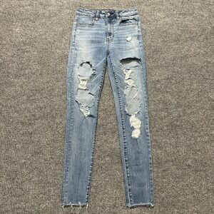 American Eagle Super Hi-Rise Jegging 2 Blue Denim Distressed Next Level Stretch